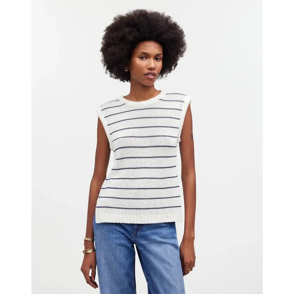 NEW Madewell XXS Puff-Trim Sweater Vest in Stripe Beight Ivory NWT
